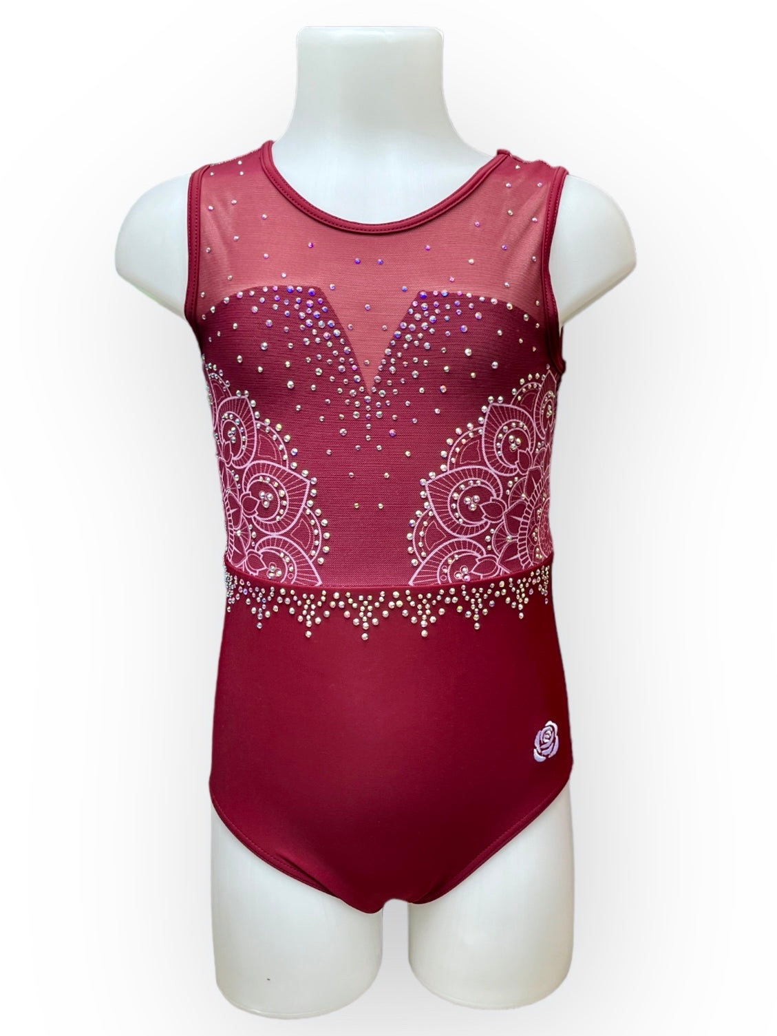 Burgundy lycra and mesh leotard with mandala print and lots of rhinestones