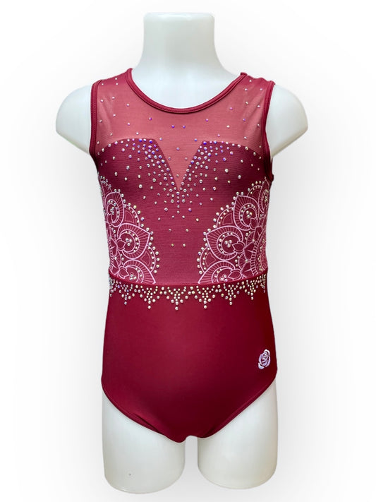 Burgundy lycra and mesh leotard with mandala print and lots of rhinestones