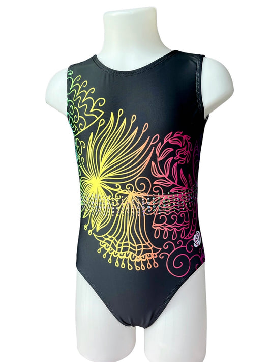 Black lycra leotard with large colourful flower print and sparkly holographic dots at the waist