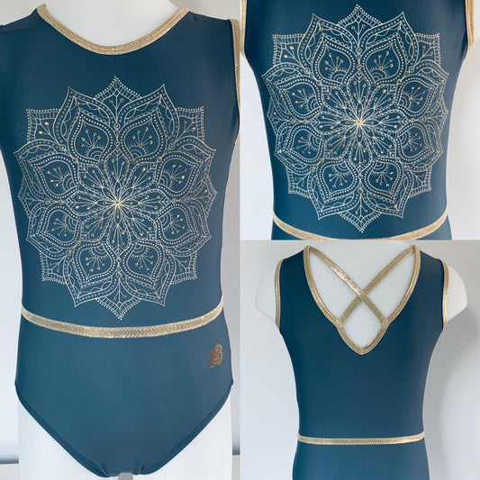 Dark navy lycra, sleeveless leotard with delicate gold coloured mandala print, gold mystique waistband and trim embellished with many AB crystals